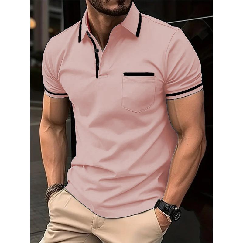 

Fashion Men s Clothing Can Be Printed with Summer Casual Buttons Color Matching Pockets European American POLO Shirts S рожевий