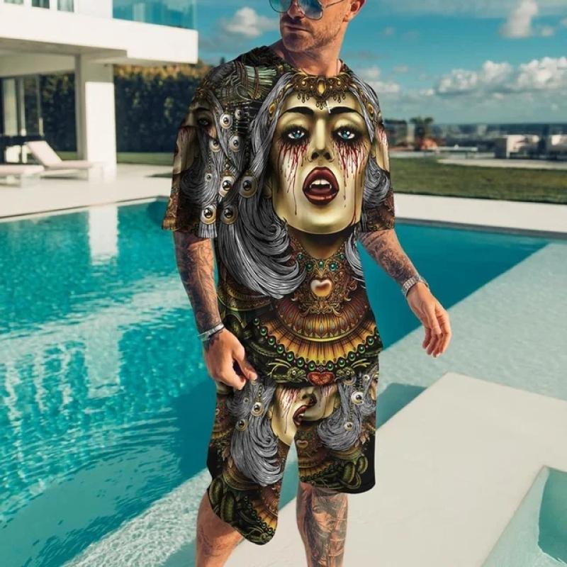 Letní pánské nové tričko nadměrné velikosti volné oblečení retro móda s krátkým rukávem Černobílá tvář 3D vzor ulice 0 výstřih