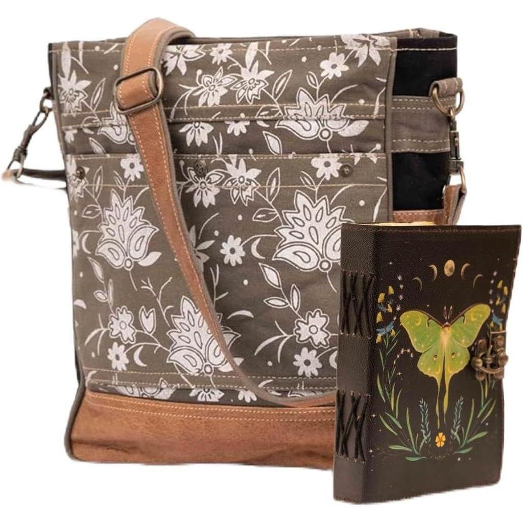 Bags sel de mer upcycled canvas crossbody bag for women and Leather journal Luna Moths and Morpho Butterfly Print Diary Perfect Present