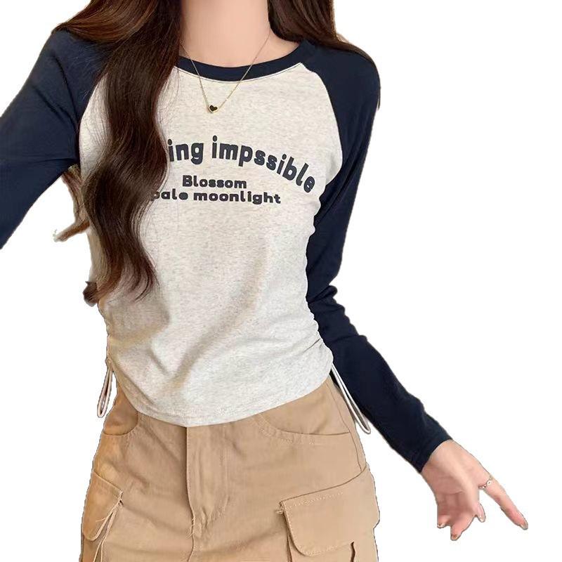 Plus Size Spring/Autumn Slim-fit Long Sleeve Drawstring Cropped Top for Women, Round Neck Base Layer T-shirt, 2025 New Collection.