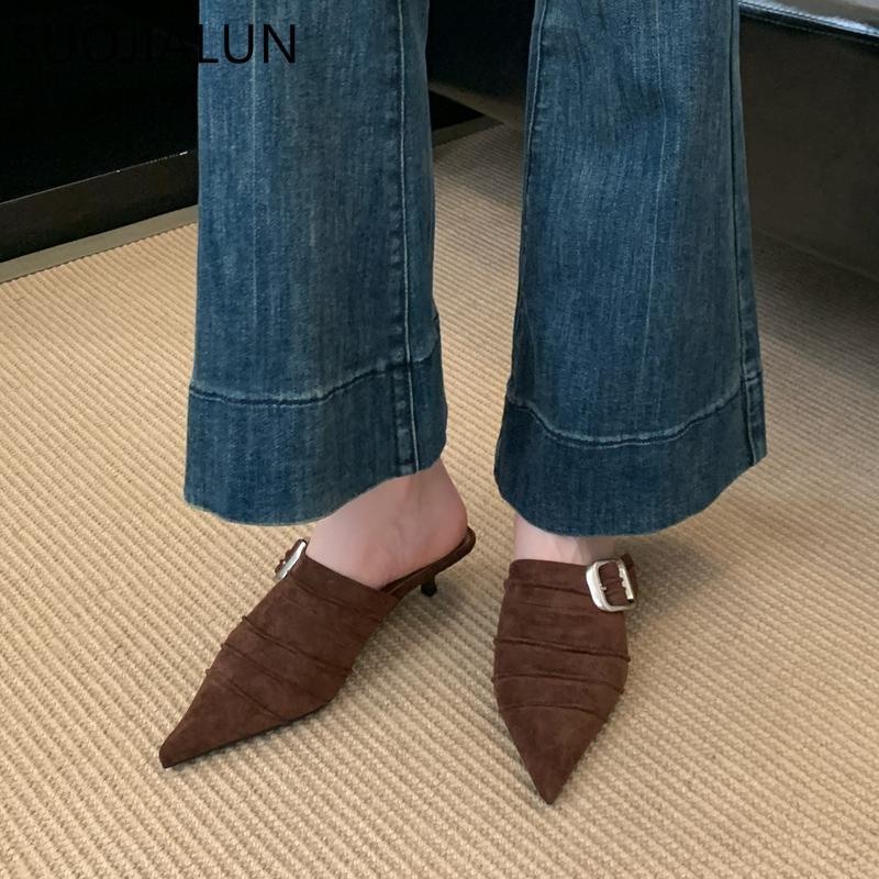 Fashion SUOJIALUN 2025 New Brand Women Slipper Fashion Pointed Toe Slip On Mules Shoes Thin Med Heel Outdoor Dress Slides Pumps Shoes