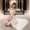 Light Wedding Dress One-word Shoulder Temperament Light Luxury Mori Super Fairy Travel Photography Bright and Slim Fishtail Banquet Birthday Dress