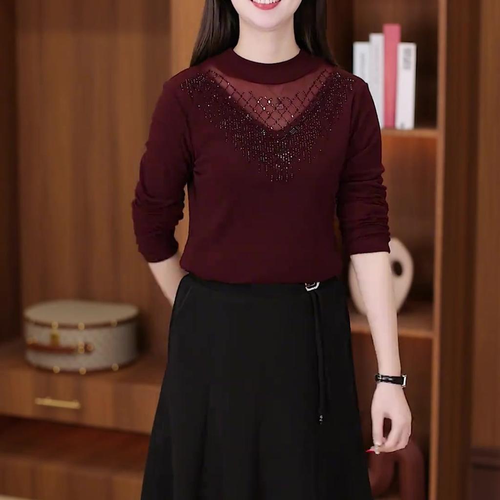 New Winter Style Stylish Slim-fitting Base Shirt for Women with Half Turtle Neck Mesh Long Sleeve T-shirt for Women
