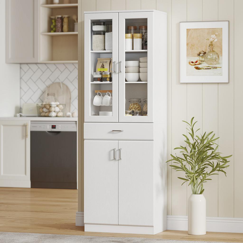 High-end kitchen buffet, kitchen cabinet, 4 doors including 2 glass ones, drawers, adjustable shelves, 60x35x180cm, white