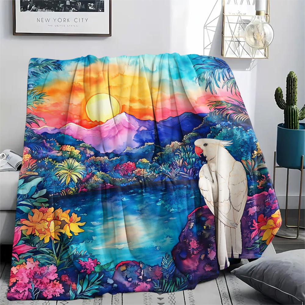 Rainforest Parrot Print Flannel Blanket, High Quality Comfortable for All Seasons, Home Decor, Warmth and Comfort, Perfect for Christmas Gifts