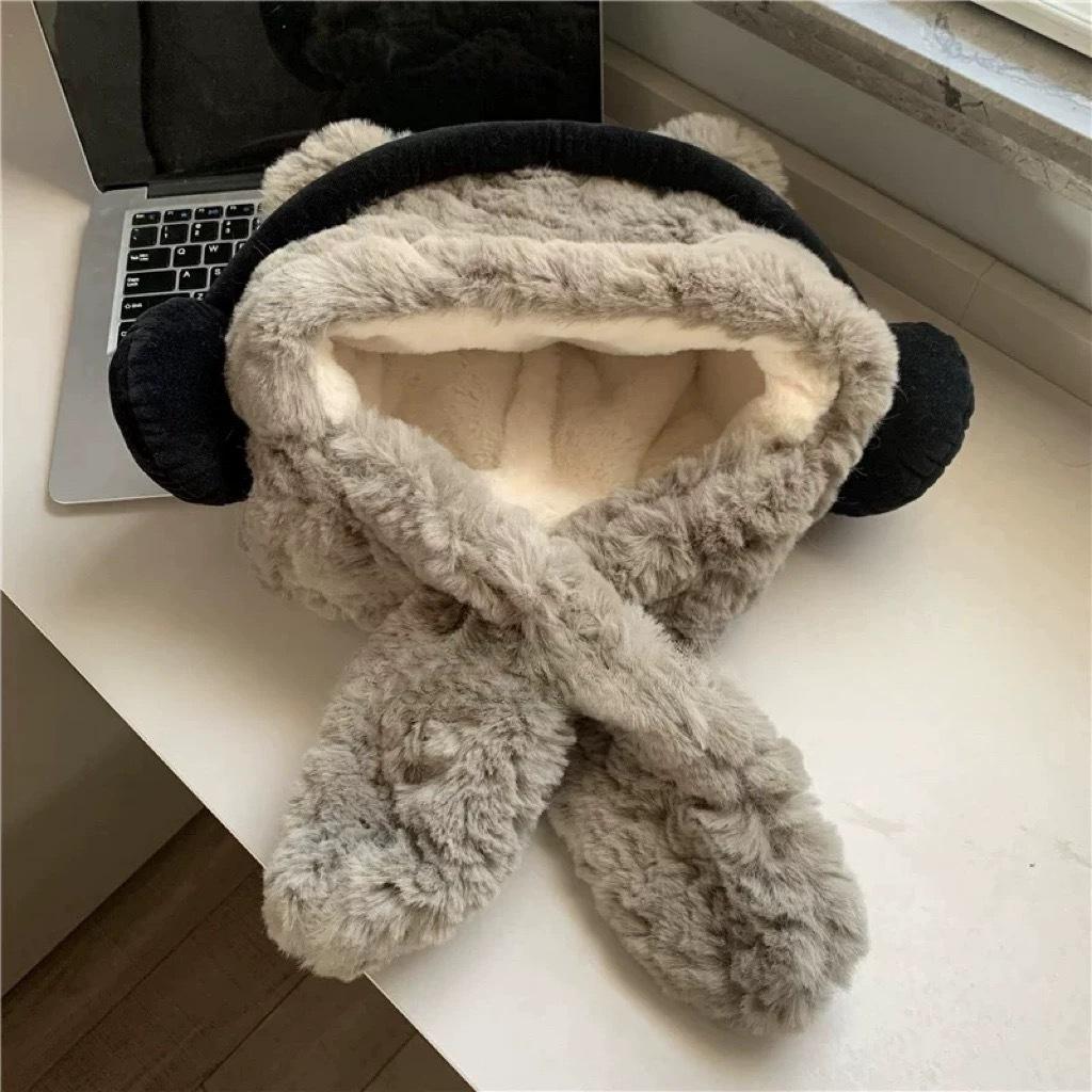 

Bear hat women s winter scarf integrated outdoor cycling warm and cold-proof pullover hat thickened plush ear protectors сірий колір