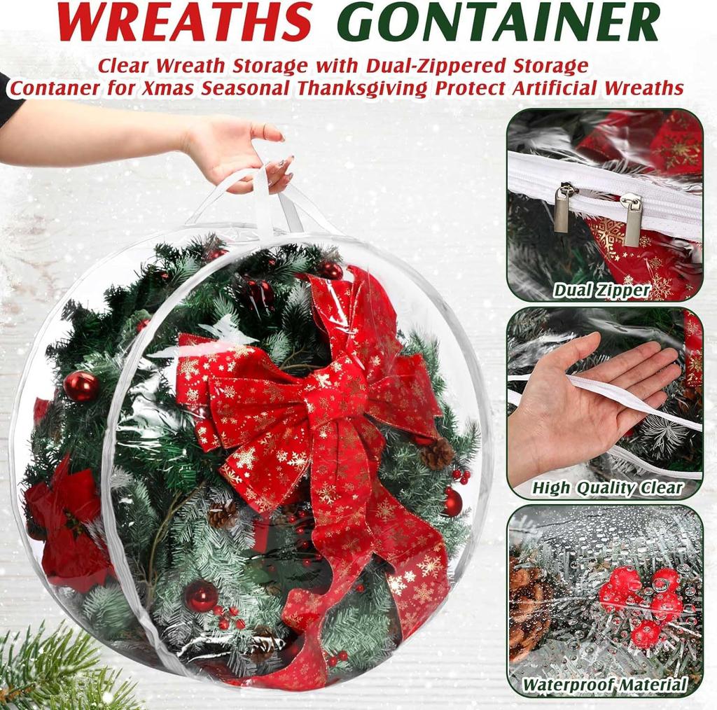 Folding Christmas Wreath Storage Bag With Handle Transparent Cover Tear Resistant Clean Up Holiday Carry Organizer Container