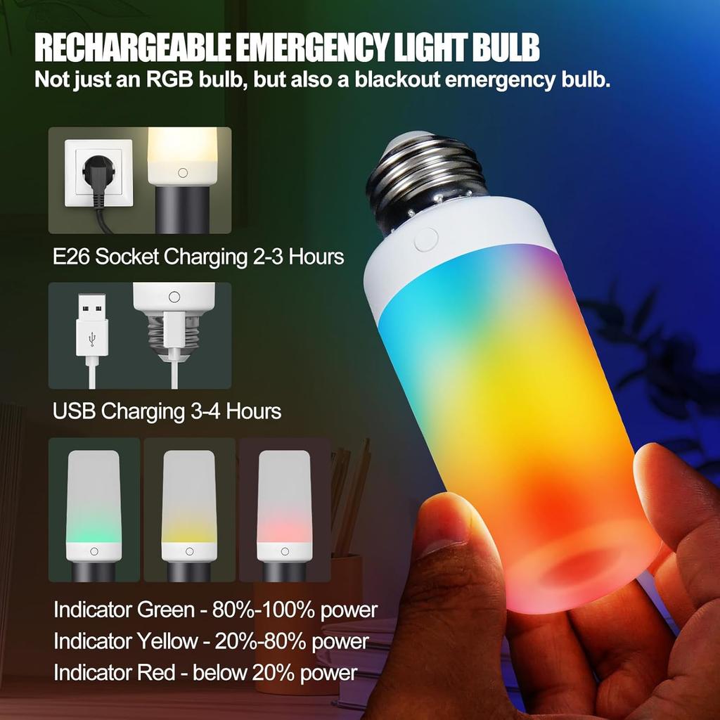 2 Pack Rechargeable Emergency Light Bulb with Remote, Color Changing Battery Powered USB LED Bulbs 12 RGB Color Dimmable E26 120 Volt 9W for Power