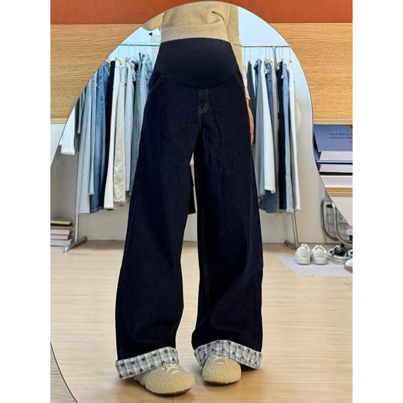 

Maternity Blue Patchwork High-Waisted Wide-Leg Jeans, Autumn/Winter 2026, Plus Size Casual Long Pants XL синий