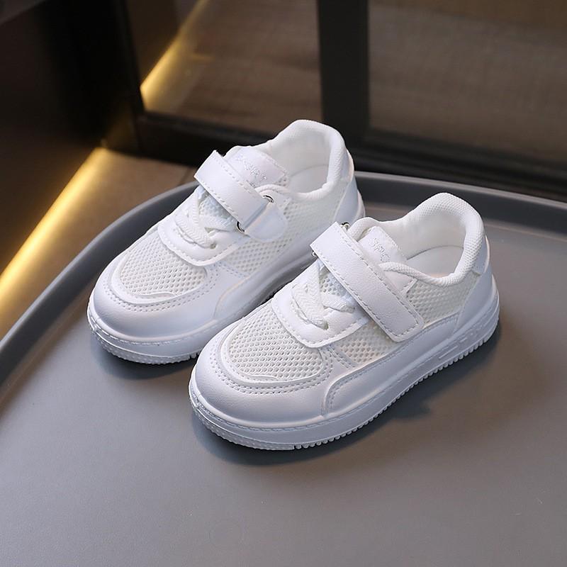 Kids White Mesh Sneakers With Hook Loop Soft Sole Casual Shoes Boys Girls