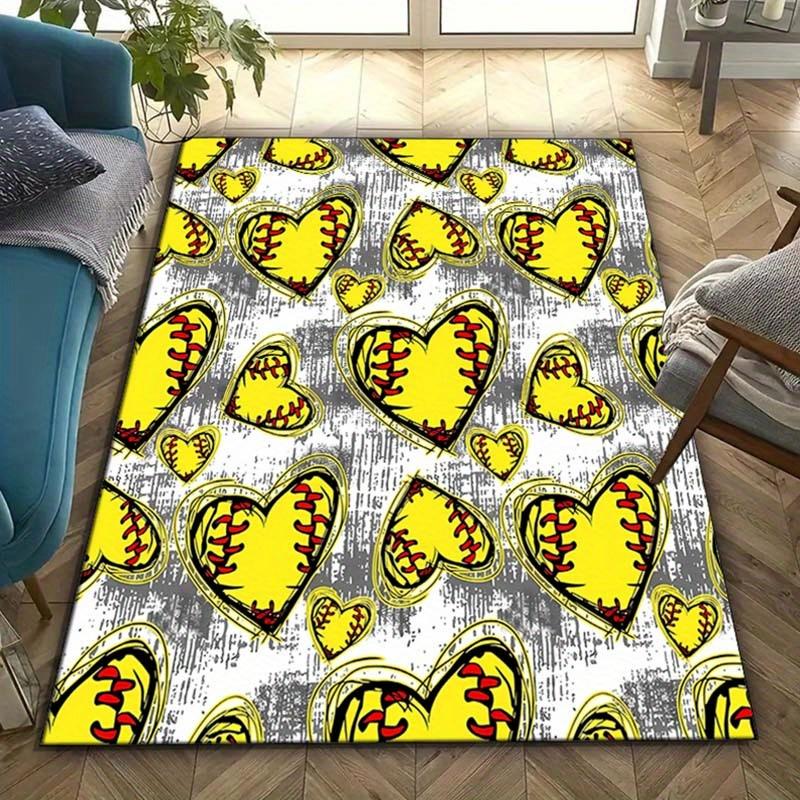 

Softball-Themed Non-Slip Area Rug - Crystal Velvet, Vibrant Yellow & Red Heart Design, Perfect for Bedroom & Living Room Decor, Polyester Ma 80cm x 120cm