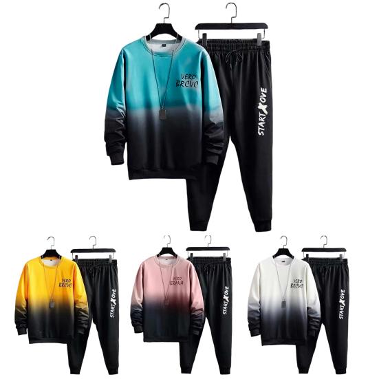 2 Pcs/Set Men Top Pants Suit Gradient Contrast Color Long Sleeve Round Neck Loose Elastic Waist Ankle Banded Hip Hop Sports Tracksuit Fall Spring Top