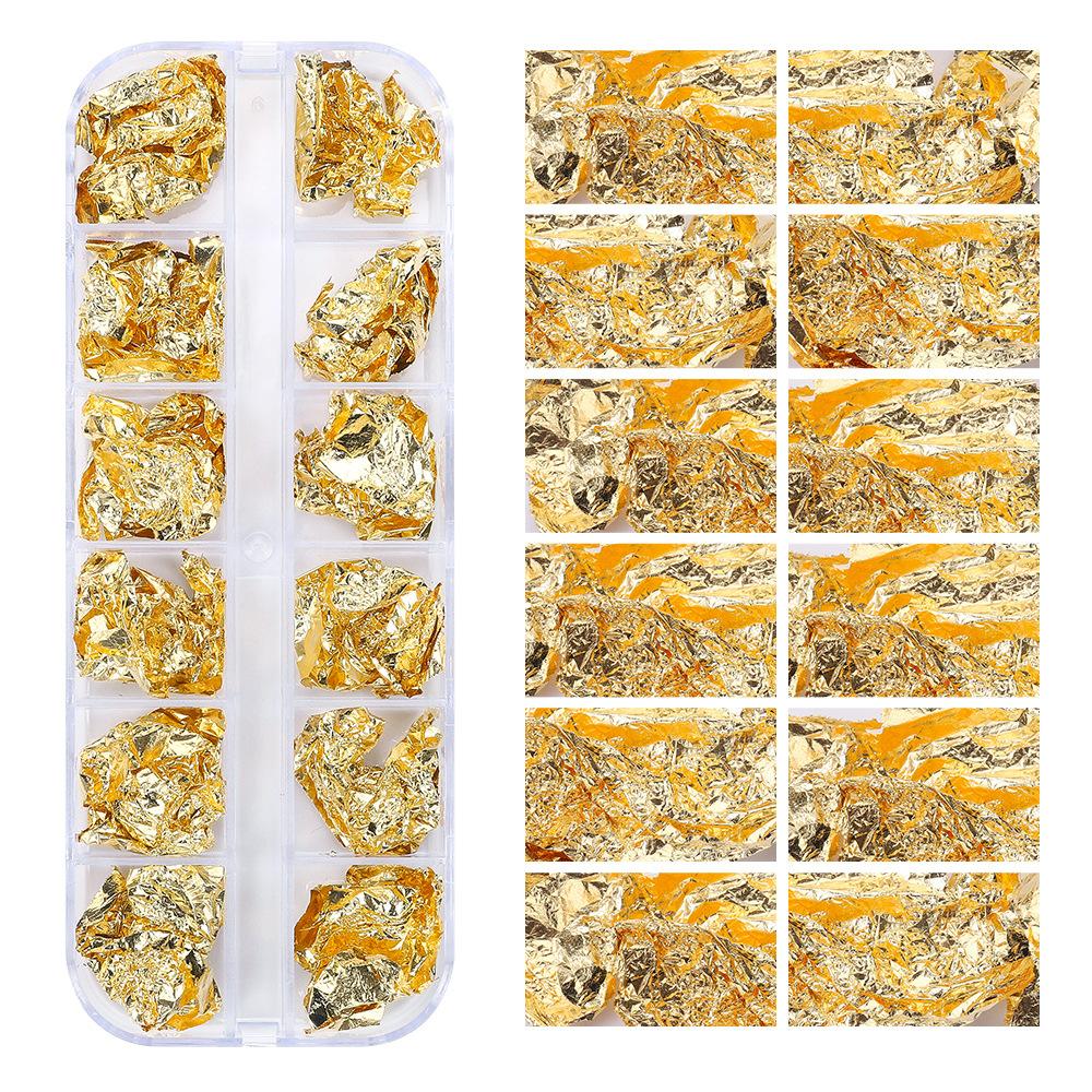 12 Grid Nail Art Gold Foil Paper Japanese Nail Art Highlight Gold And Silver Foil Fragments Box Diy Decorative Tin Foil Nail Sticker
