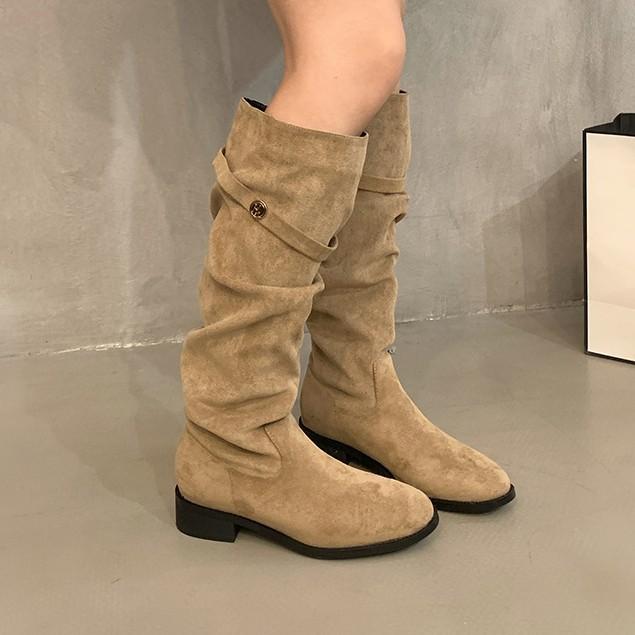 Coarse Heel Suede Khaki Pile Medium Tube Knight Boots Women's Shoes New Autumn and Winter Skinny Long Tube Long Boots