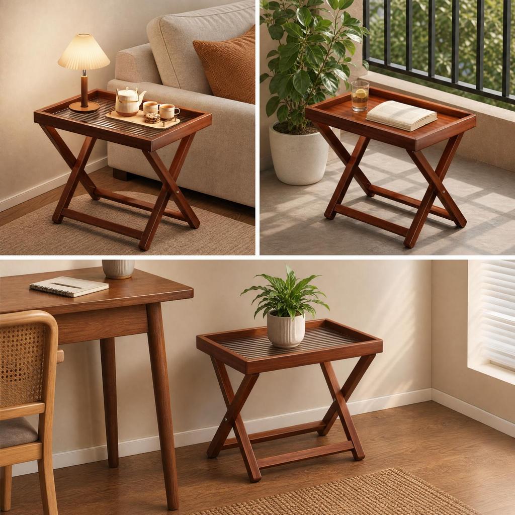 Foldable Folding Square Bamboo Side Table Wooden Tray-Style