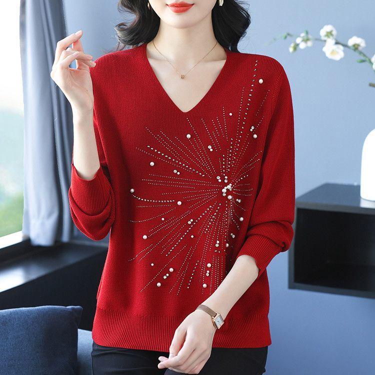 Autumn and Winter Women's V-Neck Sweater Solid Color Loose Beaded Sweater Plus Size Knitted Pullover Top