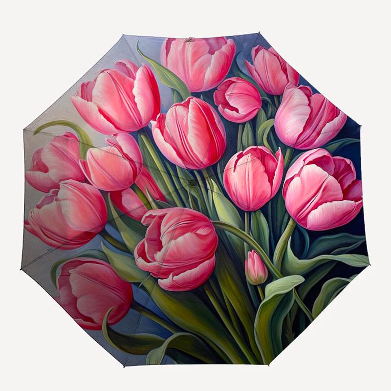 

1 шт. Зонт с рисунком тюльпанов, Автоматическое открытие и закрытие, Высококачественный зонт, Идеальный подарок для нее 223