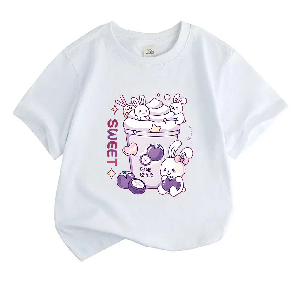Cartoon Cute White Bunnies Purple Mangosteen Sweet Print Kids 100% Cotton Crew Neck Short Sleeve T-Shirt, Casual Soft Breathable Tee for Boys Girls Da