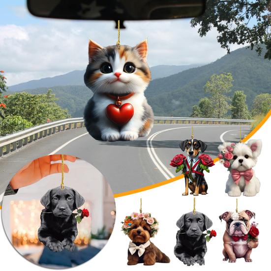 Cute Cat Dog Rose Pendants 2D Acrylic Keychain Novel Pet Themed Charm for Car Mirror Bag Home Festive Decoration