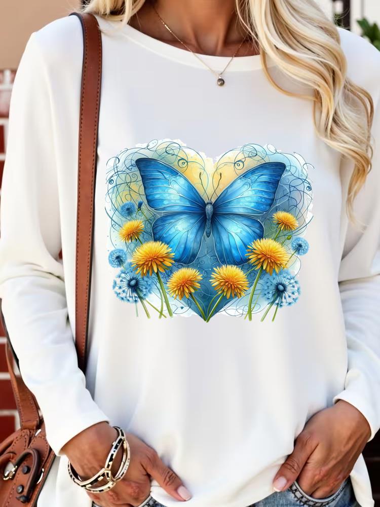 (Asian Size) Lovely Trend Flower  Long Sleeve T Shirt Tee Lady Printed O-neck Women Female Clothing Casual Fashion Top Graphic T-shirts