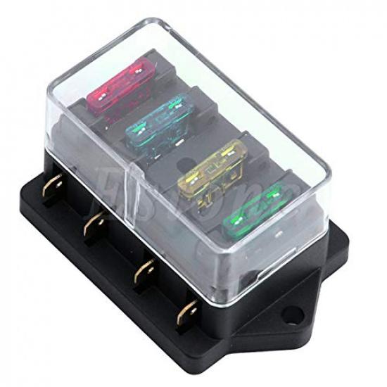 4 Way Blade Fuse Box Holder Block Auto Car Van Marine Motorcycle Boat Universal Metal Fuse Box for Standard Blade Fuses ATO Holder Block Car Boat