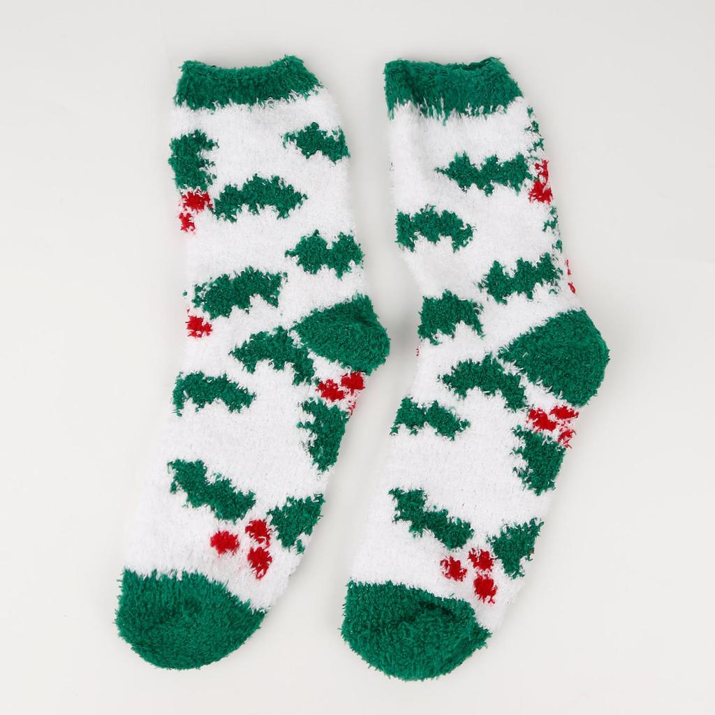 Women's Christmas Socks - Elk & Santa Design, Thick Coral Fleece, Floor Socks
