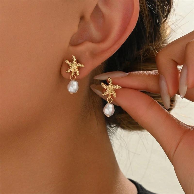 Fashion Asymmetric Ocean Style Earrings Stud For Women Starfish Shell Earring Ear Ring Imitation Pearl Zircon Jewelry Gift