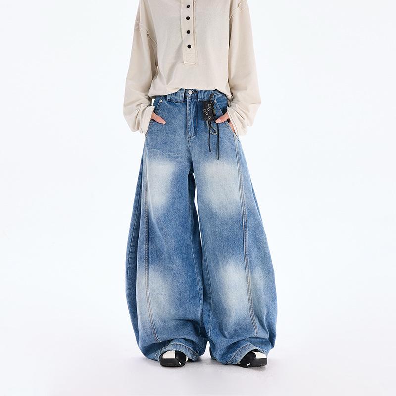 Amerikanische Retro-Deconstruction-Krummsäbel-Jeans Herren und Damen lockere Silhouette Wide-Leg Bodenlange Hose Hose für Birnenform