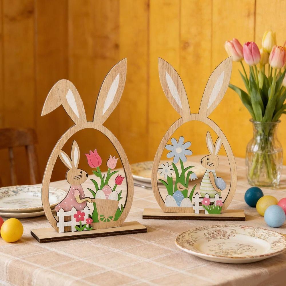 2Pcs Flower Easter Bunny Ornament Farmhouse Rustic Easter Table Decor  Home Party