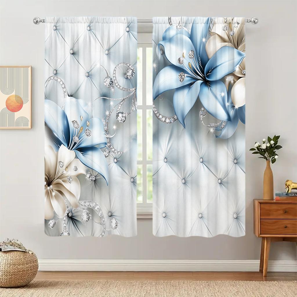 2 Stück 3D-Vorhang mit wunderschönem Schmuckblumen-Druck für die Inneneinrichtung – Fensterbehandlung mit Stangentasche für Schlafzimmer, Büro, Küche