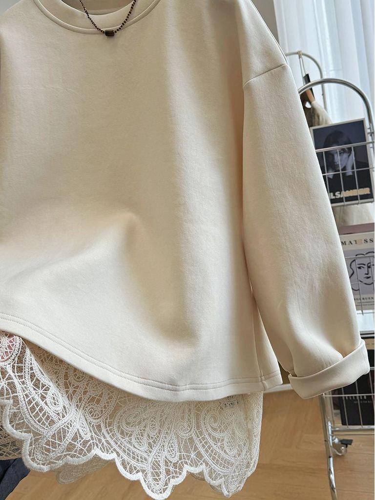 Women's 2024 Lace Splicing Faux Two-Piece Round Neck Sweatshirt - Spring/Autumn Casual Loose Fit