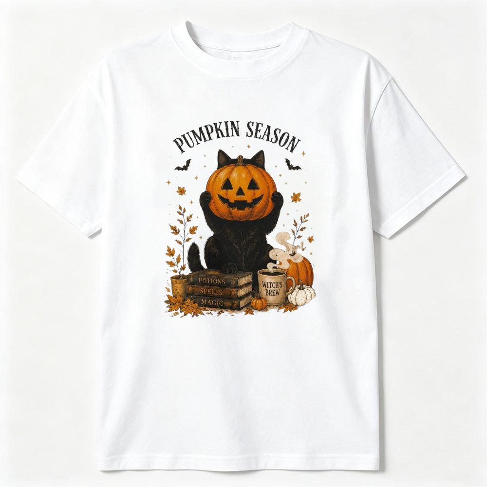Halloween Black Cat Graphic Shirt Spooky Pumpkin Cat Tee Cute Halloween Cotton T-Shirt Fall Graphic Shirt Funny Halloween Gift