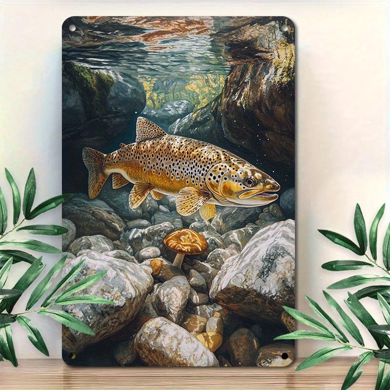 Vintage Metal Sign Aluminum Wall Decor Featuring Trout in Forest Stream for Home or Office Outdoor Wall Art Naturet 20x30cm(7.8x11.8inch)