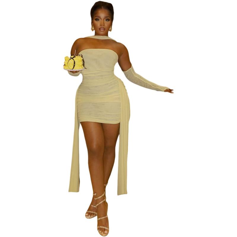 Women's Off-Shoulder Long Sleeve Bodycon Dress with Slit and Drape Detail