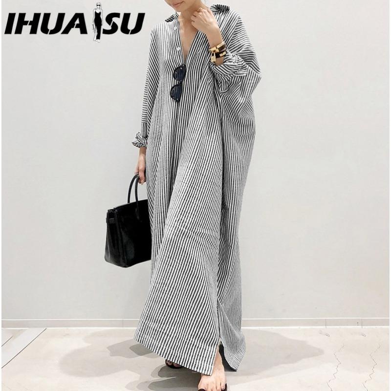 IHUASU Rochie Maxi Casual cu Mânecă Lungă, cu Nasturi, cu Dungi, Stil Coreean pentru Femei