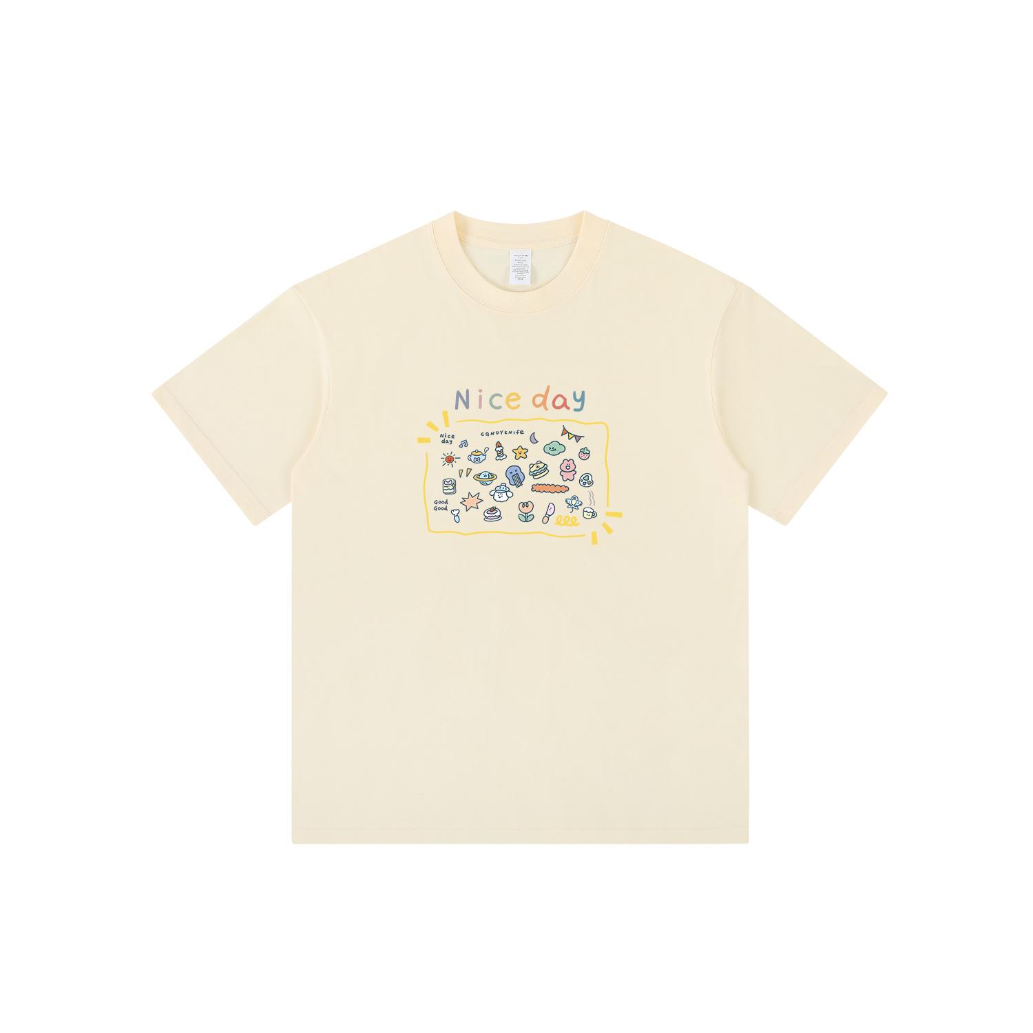 

Retro Cartoon Print Cotton T-Shirt - Lazy Style, Loose Fit, Round Neck, Short Sleeve Double Extra Large бежевый