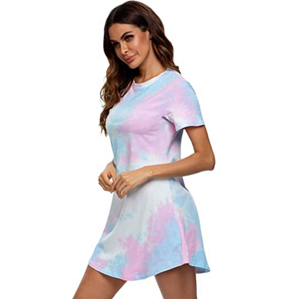

(SU)Женские летние повседневные футболки с принтом тай-дай, платья с коротким рукавом, свободное платье