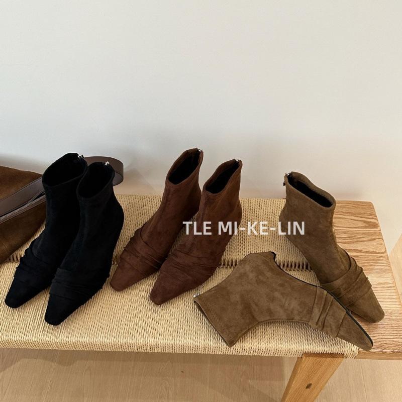 2025 Autumn and Winter New Pleated Suede Pointed Toe Heel Short Boots Women's Rear Zipper Slim Temperament and Ankle Boots Women