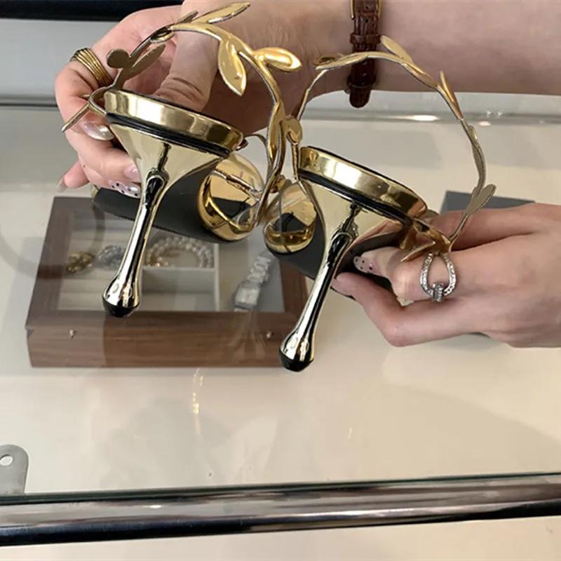 Fashion Fashion Square Toe Pvc Leaf Design High Heel Sandals Women Sexy Open Toe Thin High Heels 2025 Summer Ankle-Wrap Women Pumps