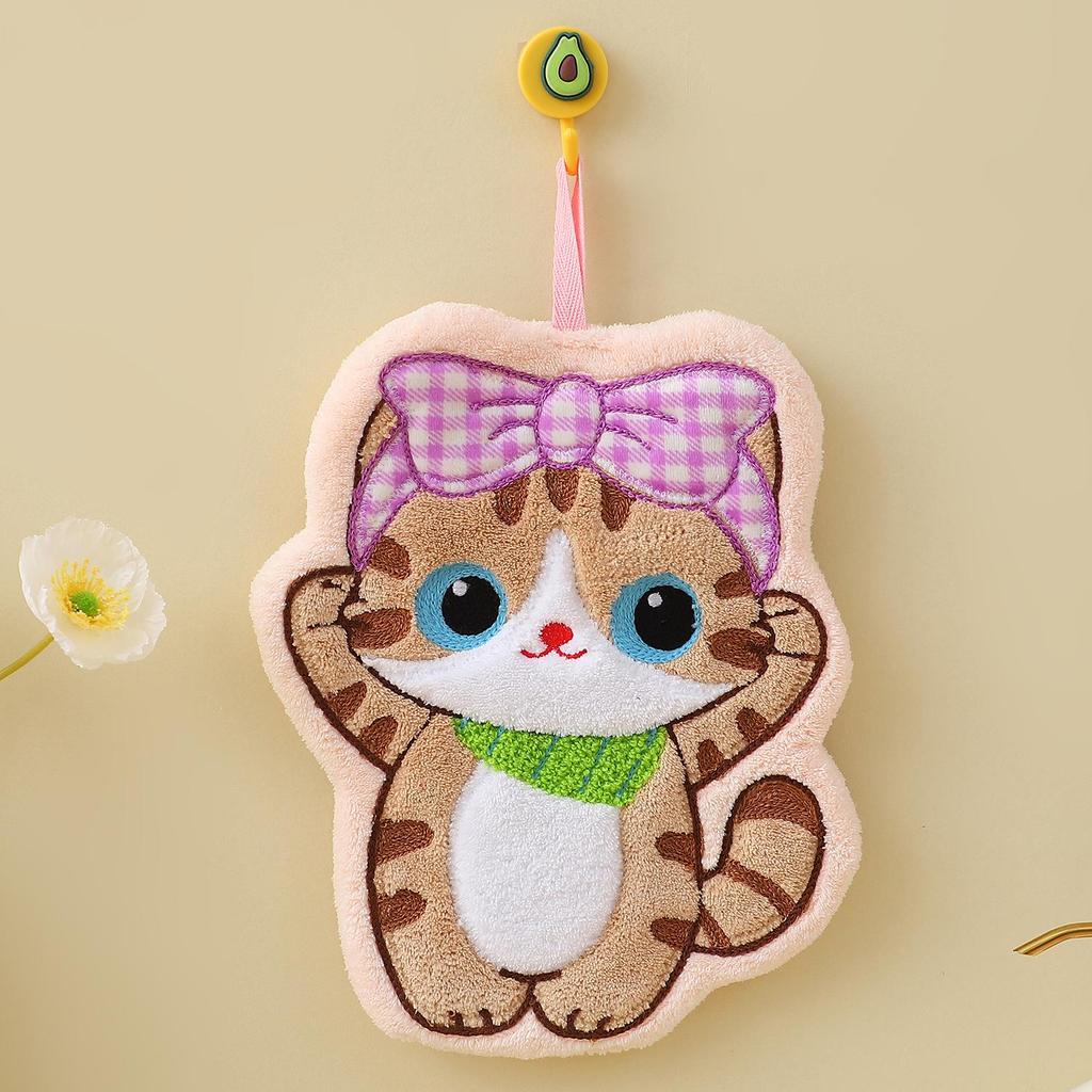 Cute Cat Coral Fleece Hand Towel - Hangable, Thick, Odorless, Absorbent, Quick-Drying Cloth for Kitchen & Bathroom.