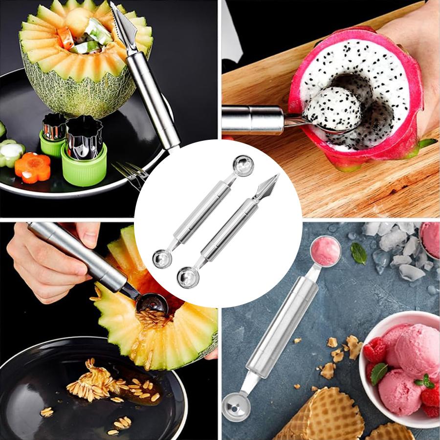2Pcs Double-Headed Stainless Steel Fruit Baller Spoon - Multi-Function Melon Scoop & Carving Tool for Fruit Platter & Salad Prep