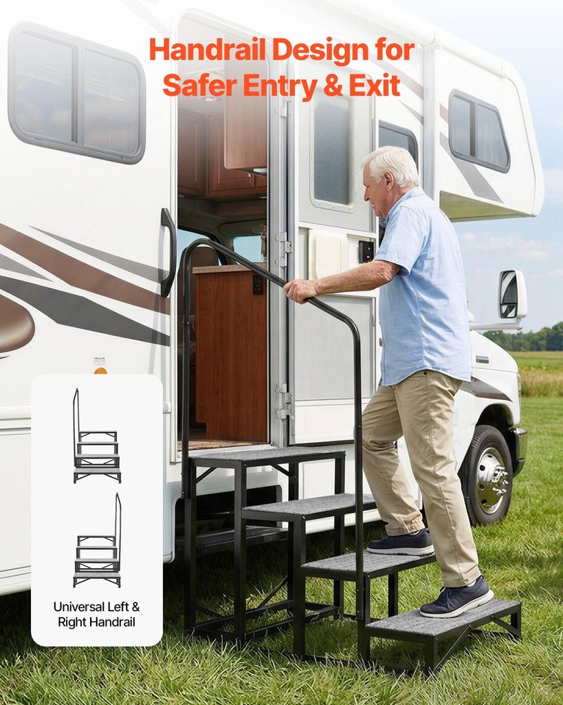 Marches pour camping-car avec main courante, 4 marches, capacité de charge de 300 kg, Marches robustes d'extérieur pour camping-car avec tapis antidérapant pour personnes âgées et animaux de compagnie, Marches portables pour chaud