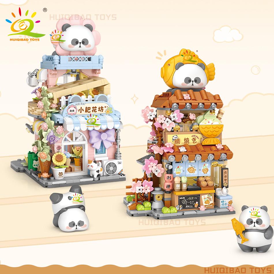 Non-Toxic City Mini Street View Panda Taiyaki Restaurant Model Building Blocks Diy Bear Coffee Shop Decorative Bricks Toys Adult