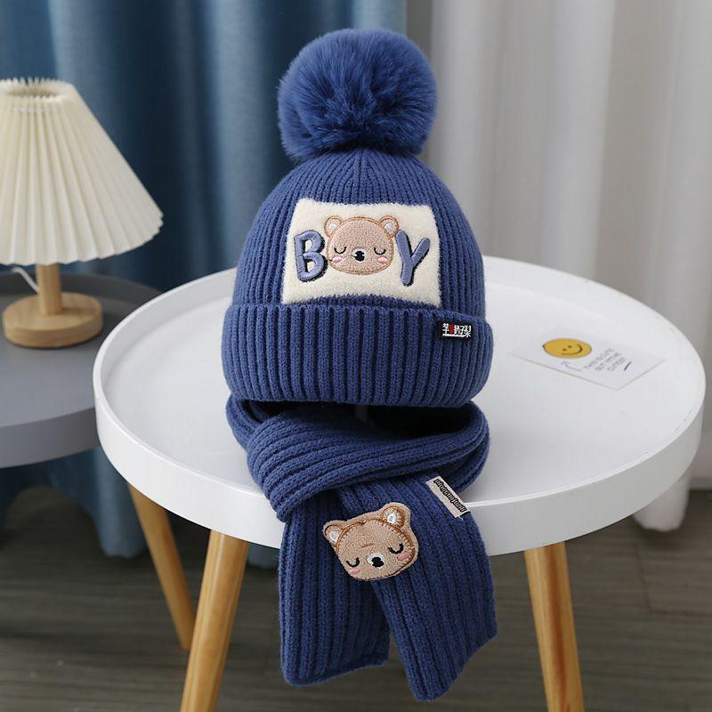 2025 autumn and winter children's hat bear wool hat girls knitted cotton warm baby hat scarf two-piece set