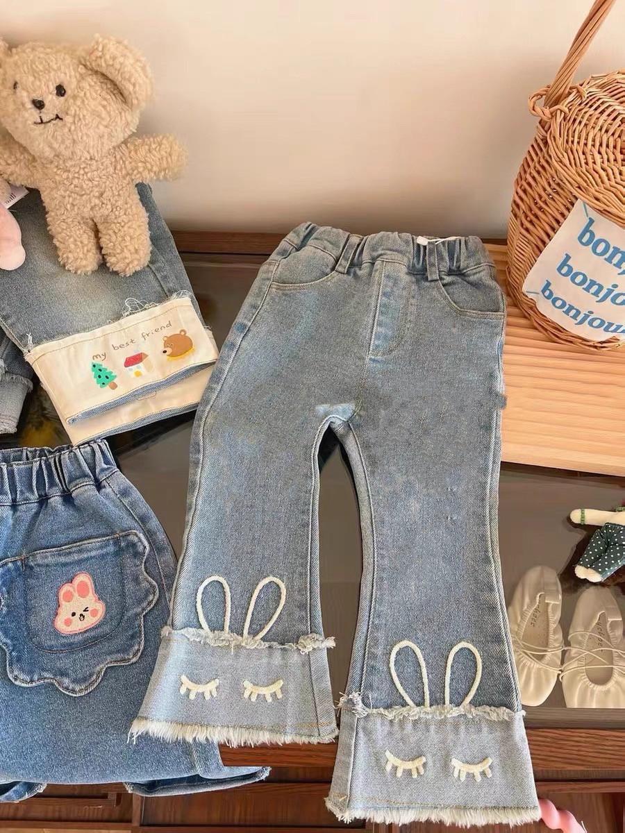 Girls Spring 3 Piece Outfit Cartoon Rabbit Knit Vest Collared Shirt Denim Flare Pants Set 90cm