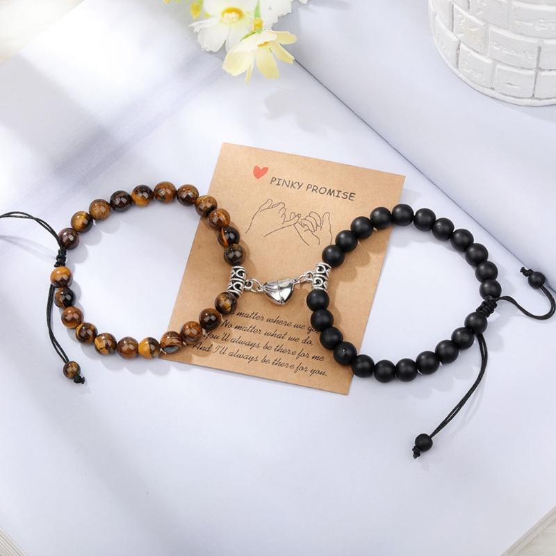 2 Pieces Natural Stone Beads Magnetic Bracelet Couple Connecting Bracelet Valentine's Day Gift for Couple Him and Her