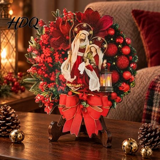 Artificial Holiday Wall Decor with Red Berries 2D Flat Wooden Nativity Christmas Wreath Little Jesus Holly Family Front Indoor Outdoor Mantel