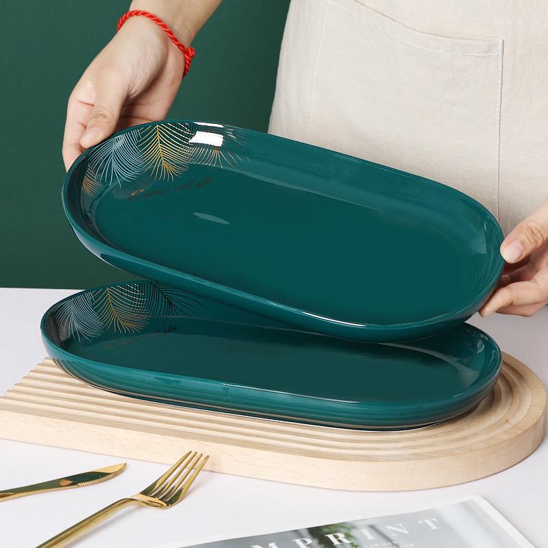 Set of 2 Peacock Green Oval Ceramic Fish Plates - Luxury Sushi and Dishware Set