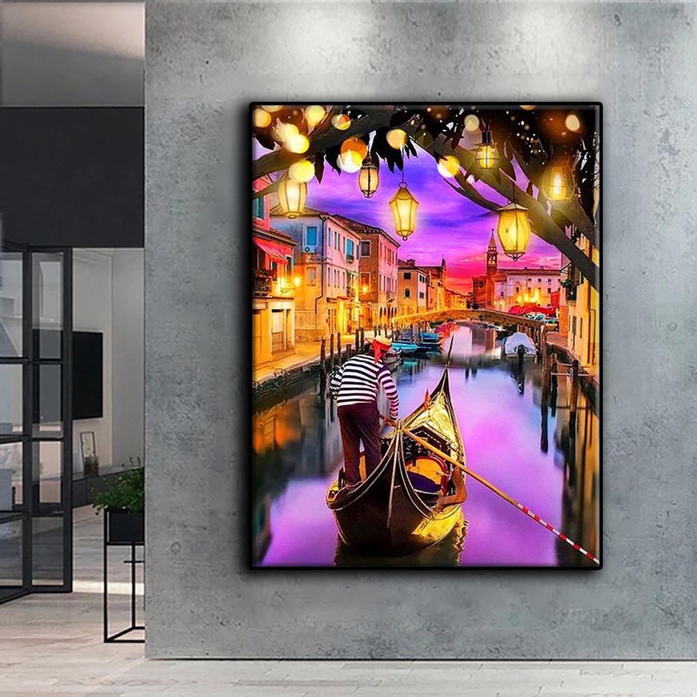 5D DIY Sea Venice Lights Night View Cross Stitch Rhinestones Diamond Drawing Embroidery Mosaic Home Decor