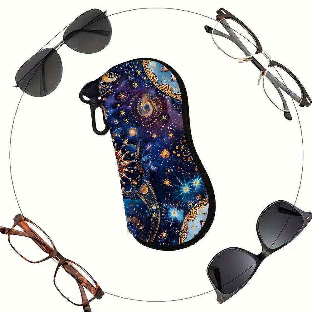 2D-Celestial Mandala Print Zipper Sunglasses Case, Protective Eyewear Organizer Box, Vintage Floral Galaxy Pattern Glasses Holder for Women Travel